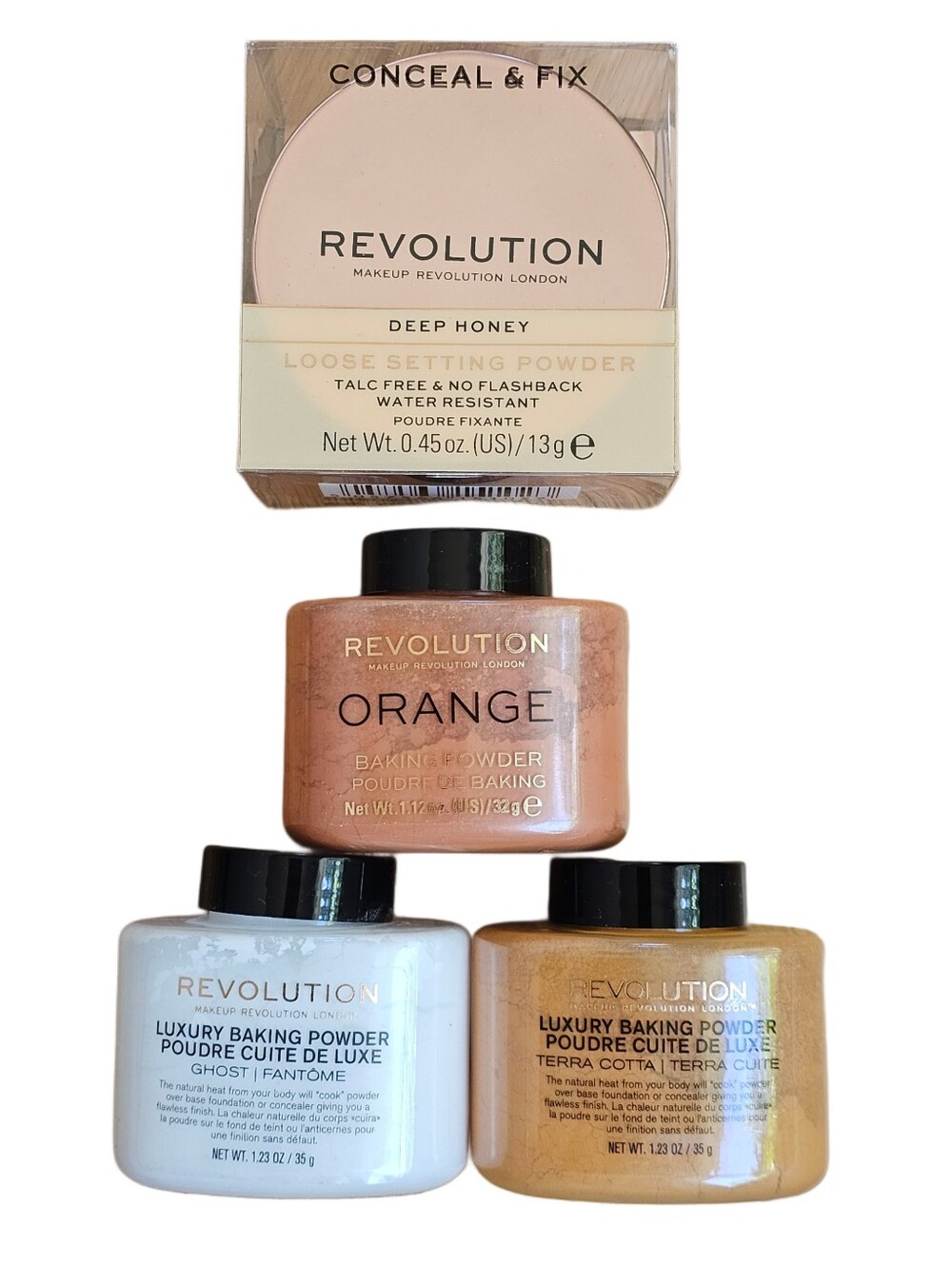4pc Bundle Revolution Loose Powder & Orange, Ghost, Tetra Cotta Baking Powder